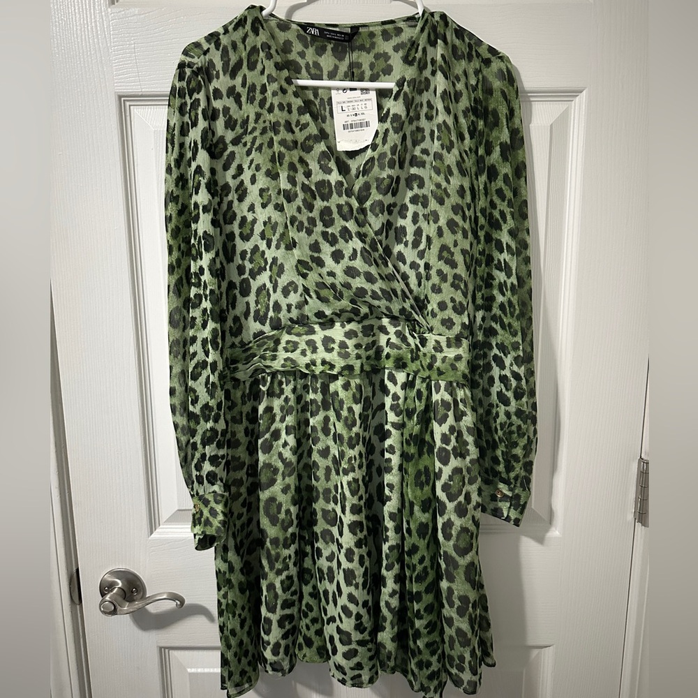 Zara Green Leopard Print Dress NWT